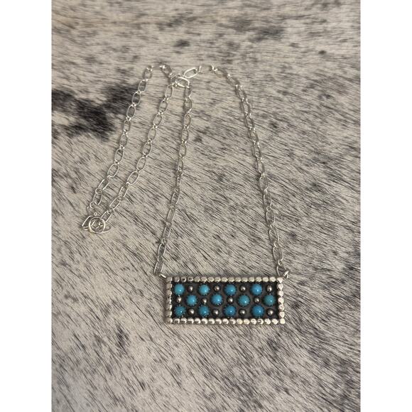 Native Navajo Handmade Sterling Kenny Longjose Kingman Turquoise Bar Necklace - Picture 9 of 10